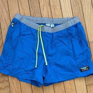 L.L. Bean Bright Blue Swim Shorts with Gray Waistband and Neon Yellow Drawstring